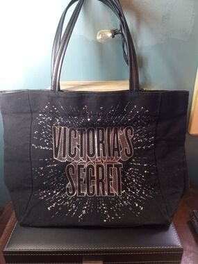 Victoria's Secret Black Canvas Logo Tote with Metallic Accents